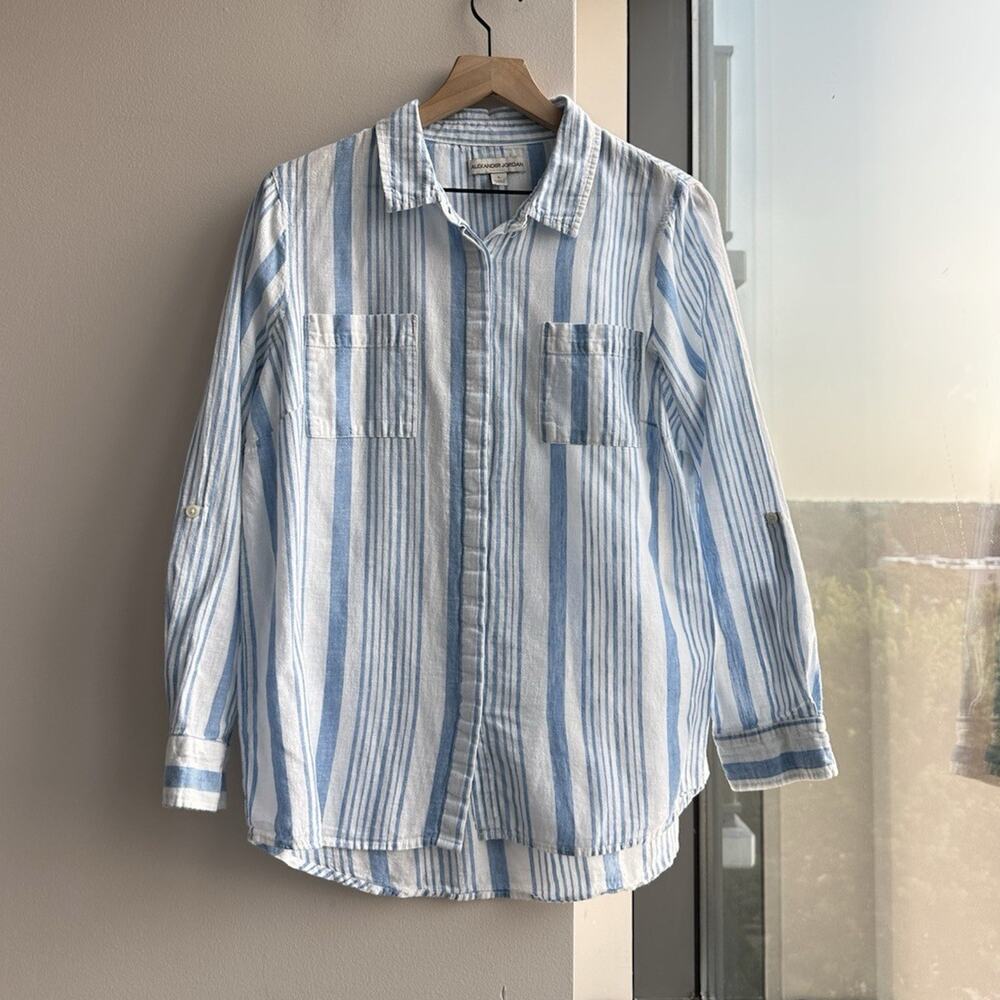 Alexander Jordan Linen Cotton Woven Blue White Striped Button Up Shirt Pockets L
